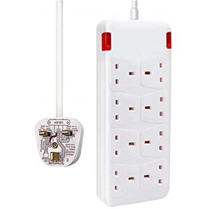 Extrastar - 8 Way Socket with Cable 2M, White, with Power Indicator, Child-Resistant Sockets