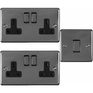 LOOPS BLACK NICKEL Bedroom Socket & Switch Set - 1x Light & 2x Double UK Power Sockets