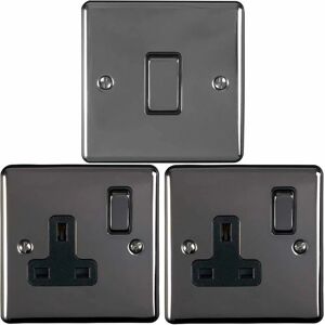 LOOPS Black nickel Bedroom Socket & Switch Set - 1x Light Switch & 2x uk Power Sockets