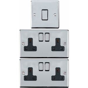 LOOPS Chrome Bedroom Socket & Switch Set - 1x Light & 2x Double uk Power Sockets