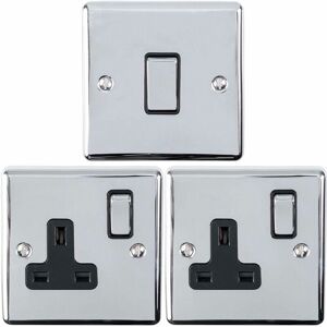 LOOPS Chrome Bedroom Socket & Switch Set - 1x Light Switch & 2x uk Power Sockets