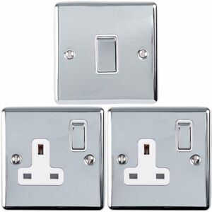 LOOPS Chrome Bedroom Socket & Switch Set- 1x Light Switch & 2x uk Power Sockets