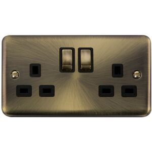 Se Home - Curved Antique Brass 2 Gang 13A dp Ingot Twin Double Switched Plug Socket - Black Trim