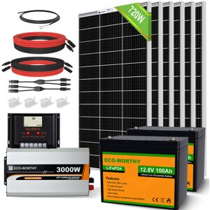 Eco-worthy - 720W 24V Solar Panel Kit Photovoltaic Off Grid System with 2pcs 12v 100AH Lithium Battery and 3000W inverter Plug & Play Caravan Home