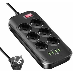 HOOPZI Power Strip with 6 Sockets and 4 USB 3.4A Maximum, Multi Socket with Switch, 2m Cable, Surge Protector and Surge Protector for Smartphone Tablet,