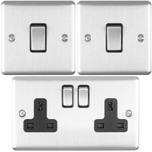 LOOPS Satin steel Bedroom Socket & Switch Set - 1x Light & 2x Double uk Power Sockets