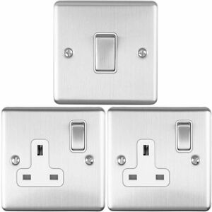 LOOPS Satin steel Bedroom Socket & Switch Set- 1x Light Switch & 2x uk Power Sockets