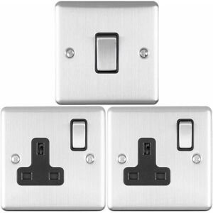Loops - satin steel Bedroom Socket & Switch Set - 1x Light Switch & 2x uk Power Sockets