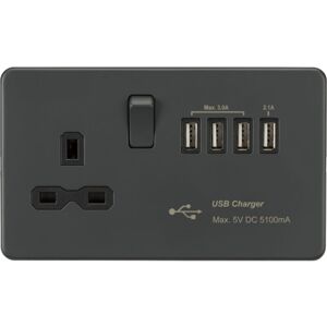 Knightsbridge - Screwless 13A Switched Socket with Quad usb charger (5.1A) - Anthracite 230V IP20