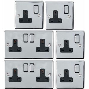 Loops - uk Plug Socket Pack -2x Twin & 4x Single Gang- chrome / Black 13A Switched