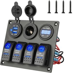 TLILY 12-24V 4 Gang Toggle Blue led Rocker Switch Panel Circuit Breaker Waterproof For Car Marine Boat