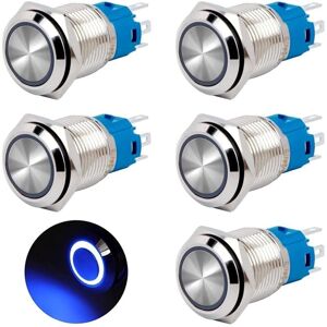 16mm 12V/24V dc 3A Waterproof Chrome Brass Momentary Push Button Switch with Blue led Light Ring, 5pcs Mumu