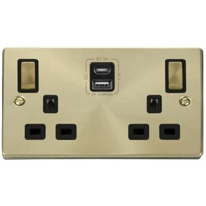 Satin / Brushed Brass 2 Gang 13A dp Ingot Type a & c usb Twin Double Switched Plug Socket - Black Trim Se Home Satin / Brushed Brass 2 Gang 13A dp Ingot Type a & c usb Twin Double Switched Plug Socket - Black Trim Se Home