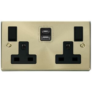 Satin / Brushed Brass 2 Gang 13A Type a & c usb Twin Double Switched Plug Socket - Black Trim Se Home Satin / Brushed Brass 2 Gang 13A Type a & c usb Twin Double Switched Plug Socket - Black Trim Se Home