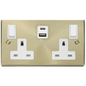 Satin / Brushed Brass 2 Gang 13A Type a & c usb Twin Double Switched Plug Socket - White Trim Se Home Satin / Brushed Brass 2 Gang 13A Type a & c usb Twin Double Switched Plug Socket - White Trim Se Home