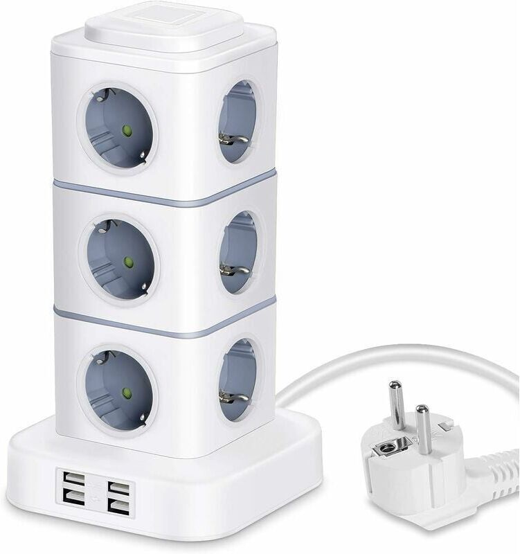 IKODM Power Strip Tower, 12 Outlets Electric Power Strip (2500W / 10A) with 4 usb Ports, Multi Electrical Outlets Surge Protector Vertical Power Strip for