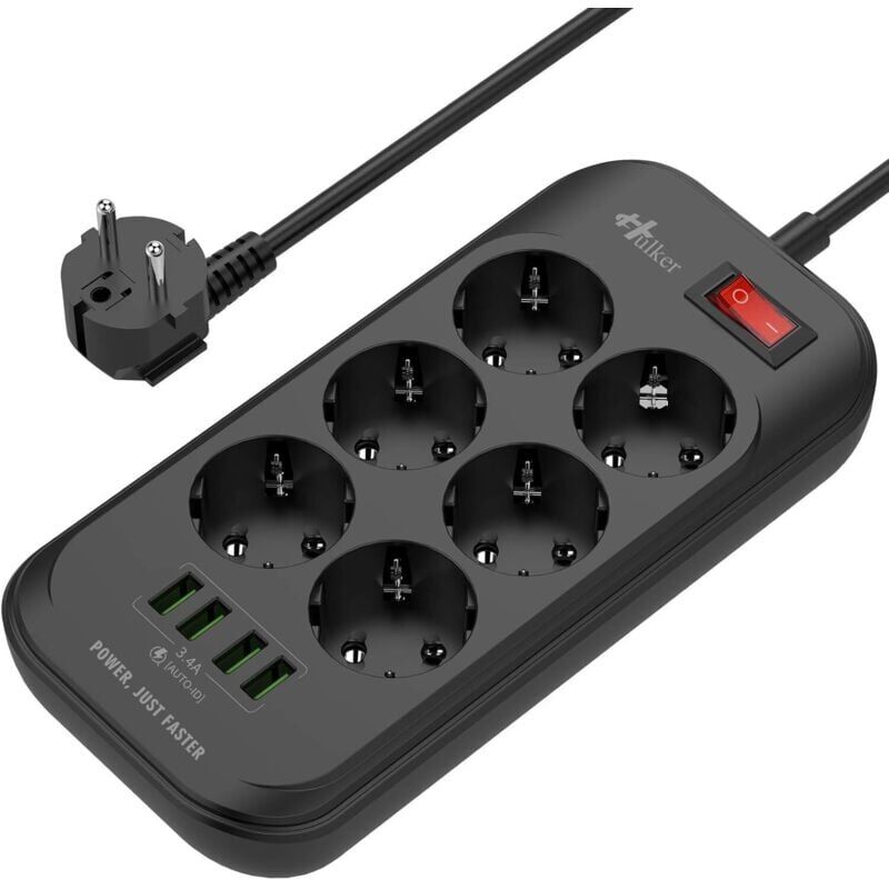 TINOR USB Power Strip with 6 Outlets 4 USB Ports Surge Protection Electrical Power Strip with 2m Cord EU Plug