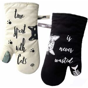 Héloise - Kitchen Gloves Heat Resistant Oven Gloves Potholder and Glove for Cooking, Barbecue, Baking, Ivory and Black, Cat and Black Cat, Cat Lovers