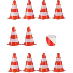 Safety Cones, Set of 10, with 50 m Barrier Tape & Storage Bag, for Marking Traffic, 22.5 cm, Striped, Orange - Relaxdays