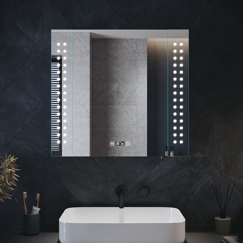 Elegant - Bathroom Cabinet with Shaver Socket Bathroom Mirror Cabinet, Soft Close Door Demister Pad Clock Display Stainless Steel 650x600x130mm