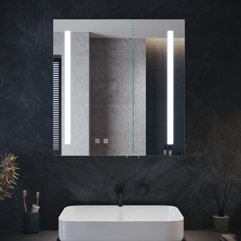 Bathroom Cabinet with Shaver Socket Bathroom Mirror Cabinet, 2 Door Soft Close Large Mirrored Cabinet with Demister Pad 630x650x130mm - Elegant