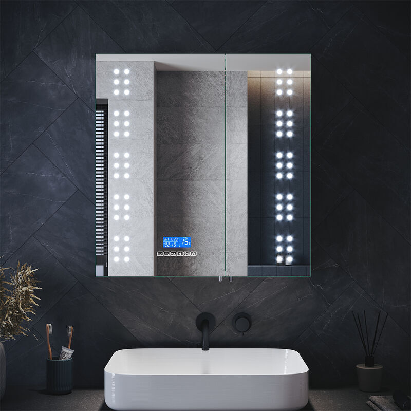 Elegant - Bathroom Cabinet with Shaver Socket Bathroom Mirror Cabinet, Bluetooth Speakers Sensor Stainless Steel Cupboard 630x650mm