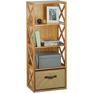 Bamboo Shelf with Basket, 4 Tiers, Freestanding Bathroom Rack, Folding Drawer, hwd: 105 x 42 x 29 cm, Brown - Relaxdays