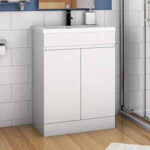 ACEZANBLE 600mm Free Standing 2 Doors Bathroom Vanity Unit with Ceramic Basin,Matte White - Mid-edge Resin Basin