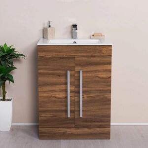 Walnut 600mm Bathroom Vanity Unit & Basin Cabinet Soft Closing 2 Doors Sink Storage Furniture Hinges - Aquariss
