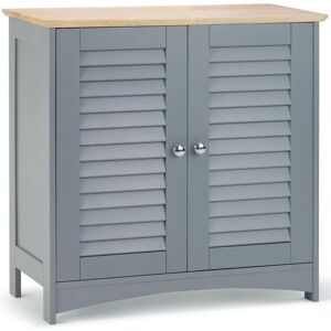 TEETOK Bathroom Cupboard–Grey Bathroom Storage Cabinet w/Solid Rubberwood Top-Freestanding Storage Cupboard w/ 2 Shutter Style Doors & 2 Internal