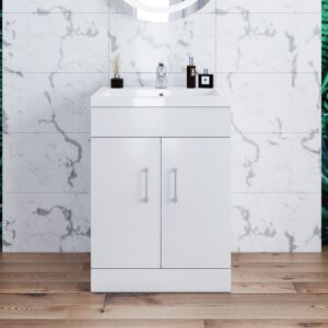 Elegant - Vanity Sink Unit with Vitreous Basin, Floor Standing Vantiy Cabinet with Sink, White Matte Painted Bathroom Vanity Storage 595mm