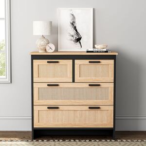 LIVINGANDHOME Beige Wooden Storage Cabinet with Rattan Drawer Console Table