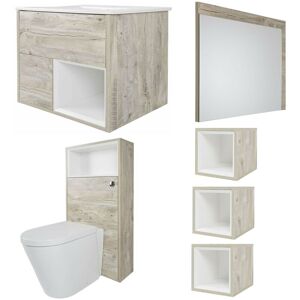 Bexley - Light Oak 610mm Bathroom Furniture Set with Vanity Unit&44 Toilet wc Unit&44 Mirror and Three Cube Storage Units - With led Lights - Milano