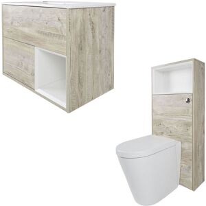 Bexley - Light Oak 610mm Bathroom Vanity Unit with Basin&44 Toilet wc Unit and Back to Wall Pan - With led Lights - Milano