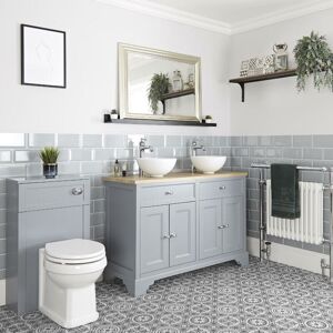 Milano Thornton - 1210mm Traditional Bathroom Vanity Unit with 2 Countertop Basins and wc Unit with Back to Wall Toilet Pan&44 Seat and Cistern - Light Grey