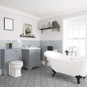 Milano Thornton - Traditional Light Grey Bathroom Suite with Freestanding Double Ended Slipper Bath and Feet&44 630mm Vanity Unit and Back to Wall