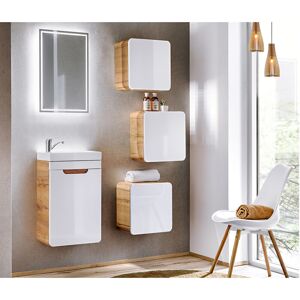 Impact Furniture - Bathroom Coakroom Furniture Set 400mm Vanity Unit with Sink Wall Storage Cabinet White Gloss Oak Finish Arub - White Gloss / Oak