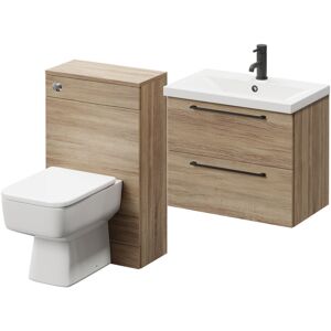 390 Bordalino Oak 1100mm Wall Mounted Vanity Unit Toilet Suite with 1 Tap Hole Basin and 2 Drawers with Matt Black Handles - Bordalino Oak - Napoli