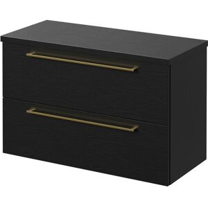 Napoli 390 Nero Oak 800mm Wall Mounted Vanity Unit for Countertop Basins with 2 Drawers and Brushed Brass Handles - Nero Oak