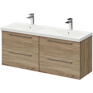 Bordalino Oak 1200mm Wall Mounted Vanity Unit with Ceramic Double Basin and 4 Drawers with Polished Chrome Handles - Bordalino Oak - Napoli