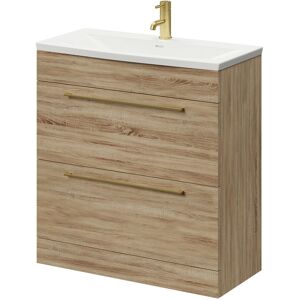 Bordalino Oak 800mm Floor Standing Vanity Unit with 1 Tap Hole Curved Basin and 2 Drawers with Brushed Brass Handles - Bordalino Oak - Napoli