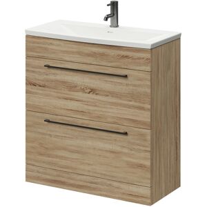 Bordalino Oak 800mm Floor Standing Vanity Unit with 1 Tap Hole Curved Basin and 2 Drawers with Gunmetal Grey Handles - Bordalino Oak - Napoli