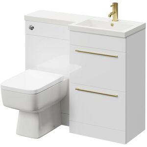 NAPOLI Combination Gloss White 1000mm Vanity Unit Toilet Suite with Right Hand l Shaped 1 Tap Hole Basin and 2 Drawers with Brushed Brass Handles - Gloss