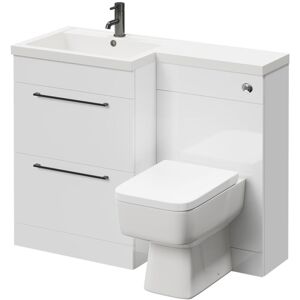 NAPOLI Combination Gloss White 1100mm Vanity Unit Toilet Suite with Left Hand l Shaped 1 Tap Hole Basin and 2 Drawers with Gunmetal Grey Handles - Gloss