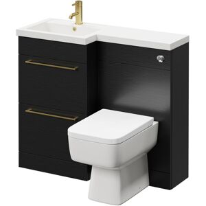 NAPOLI Combination Nero Oak 1000mm Vanity Unit Toilet Suite with Left Hand l Shaped 1 Tap Hole Basin and 2 Drawers with Brushed Brass Handles - Nero Oak