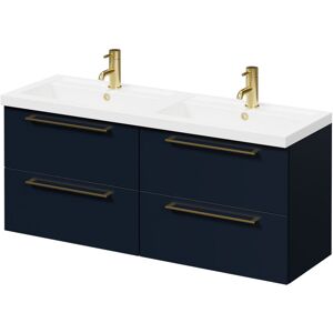 Deep Blue 1200mm Wall Mounted Vanity Unit with Polymarble Double Basin and 4 Drawers with Brushed Brass Handles - Deep Blue - Napoli
