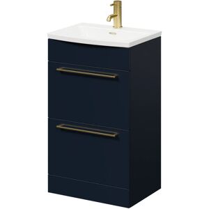 Napoli - Deep Blue 500mm Floor Standing Vanity Unit with 1 Tap Hole Curved Basin and 2 Drawers with Brushed Brass Handles - Deep Blue