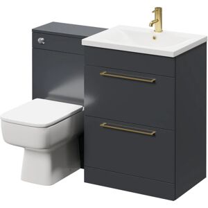 Gloss Grey 1100mm Vanity Unit Toilet Suite with 1 Tap Hole Basin and 2 Drawers with Brushed Brass Handles - Gloss Grey - Napoli