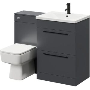 Gloss Grey 1100mm Vanity Unit Toilet Suite with 1 Tap Hole Basin and 2 Drawers with Matt Black Handles - Gloss Grey - Napoli