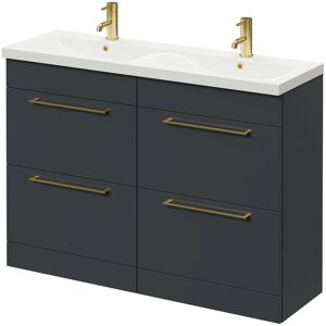 Gloss Grey 1200mm Floor Standing Vanity Unit with Ceramic Double Basin and 4 Drawers with Brushed Brass Handles - Gloss Grey - Napoli